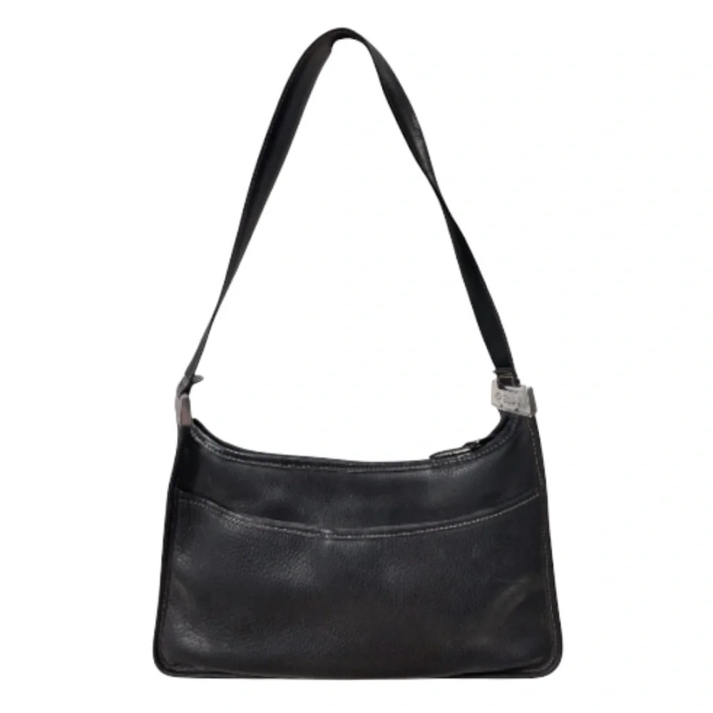 Vintage Y2K Brighton Black Zip Top Pebbled Leather Hobo Bag‎